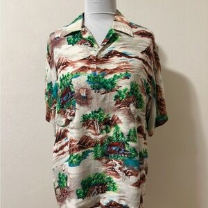 Vintage Men's Cream Scenic Print Short-Sleeve Button-Up Shirt